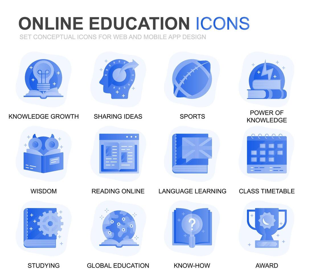 Modern Set Education and Knowledge Gradient Flat Icons for Website and Mobile Apps. Contains such Icons as Online Course, University, Studying, Book. Conceptual color flat icon. pictogram pack. vector