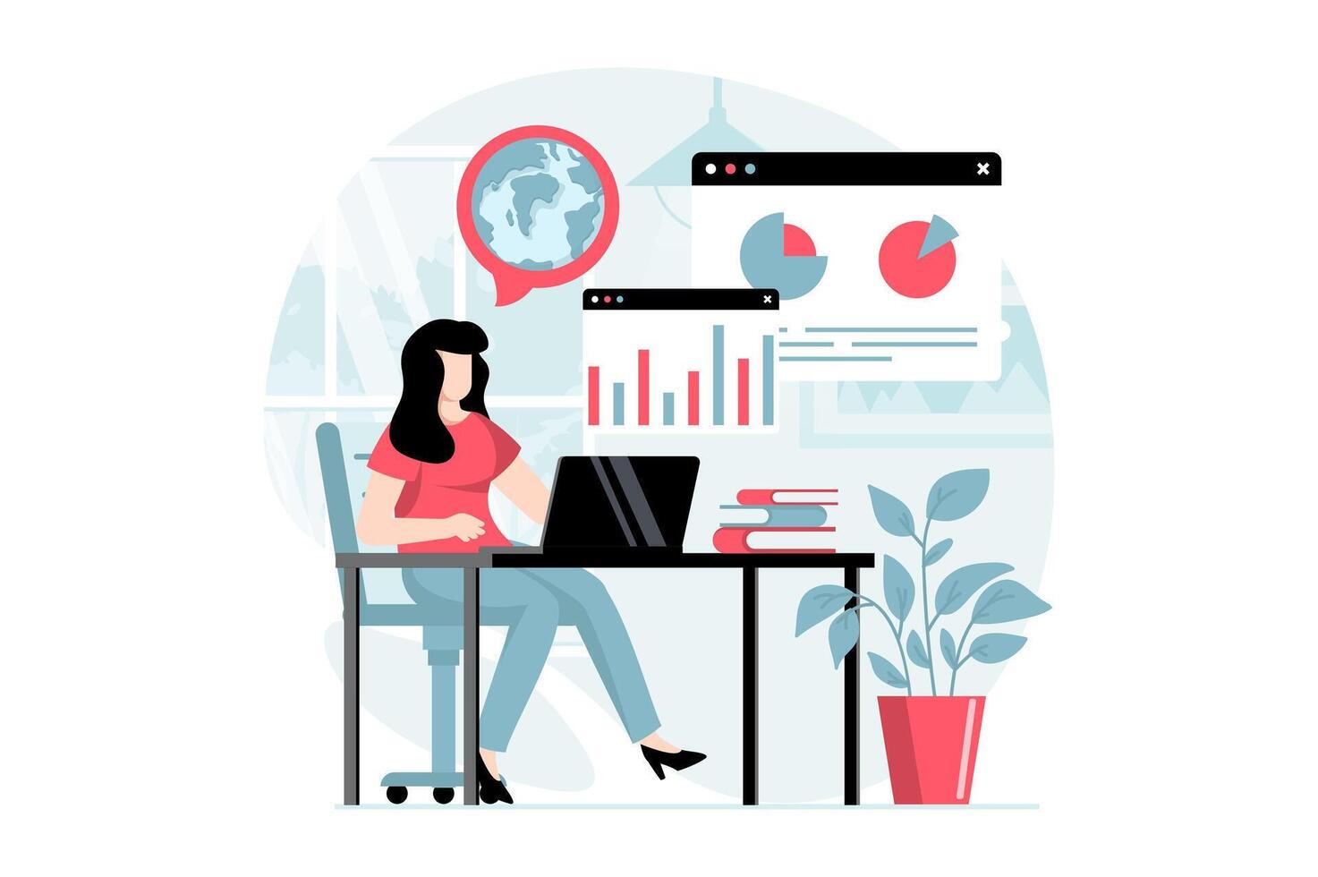 global económico concepto con personas escena en plano diseño. mujer analizando financiero datos, crea estrategia, invertir en negocio y Inauguración. ilustración con personaje situación para web vector