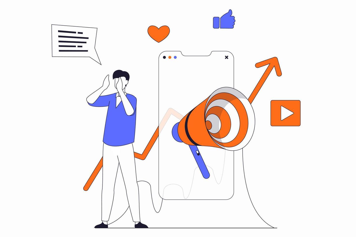 Digital marketing concept with people scene in flat outline design. Man is engaged in online brand promotion in social networks and uses app. illustration with line character situation for web vector