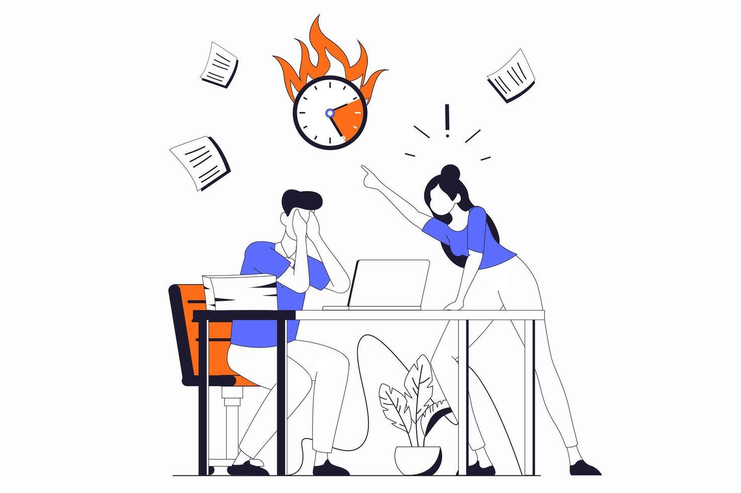 Deadline concept with people scene in flat outline design. Angry boss screaming at upset manager while man trying to complete work tasks. illustration with line character situation for web vector