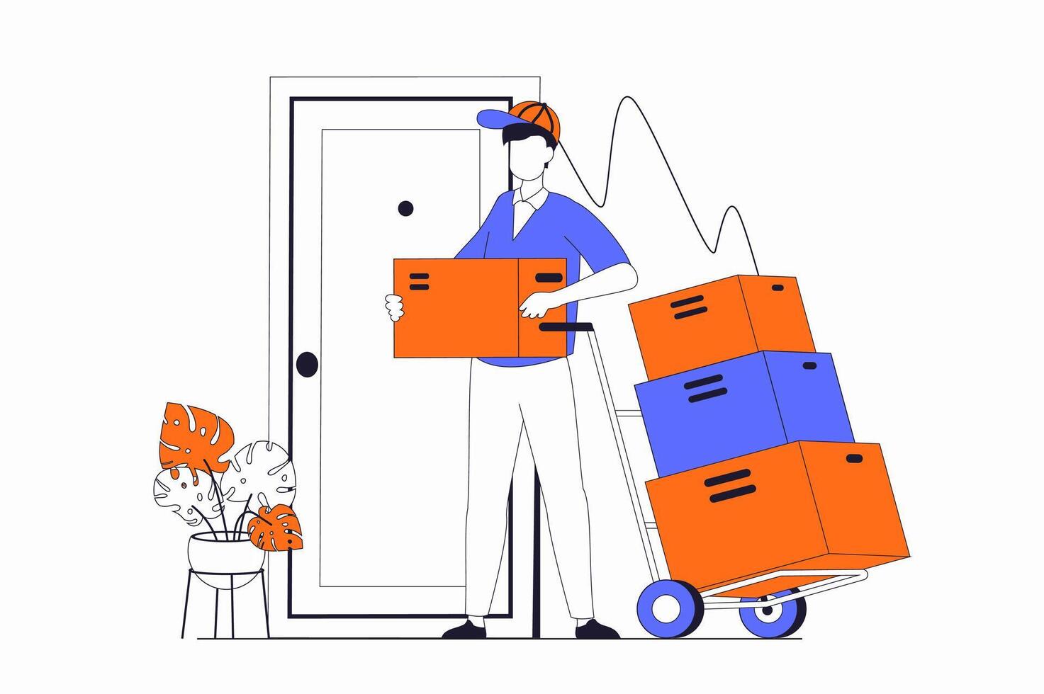Delivery service concept with people scene in flat outline design. Courier brought boxes on wheelbarrow to client door, moving and transport. illustration with line character situation for web vector