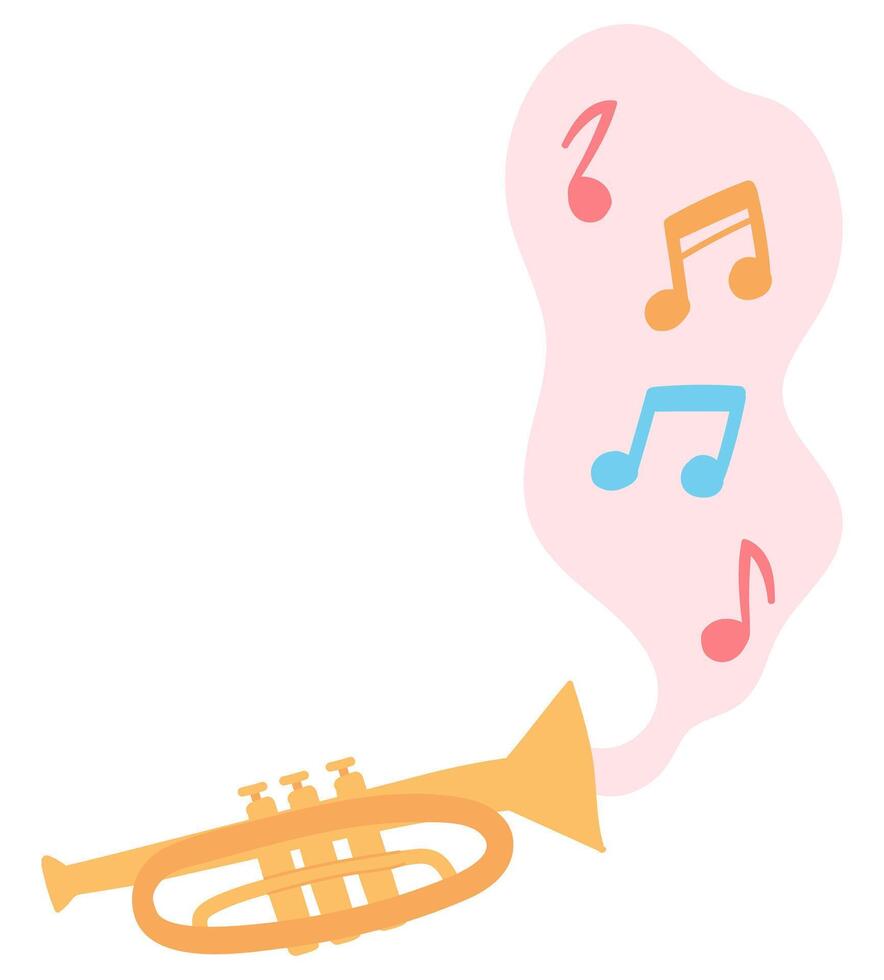 Trumpet with notes melody in flat design. Musical orchestra instrument. illustration isolated. vector