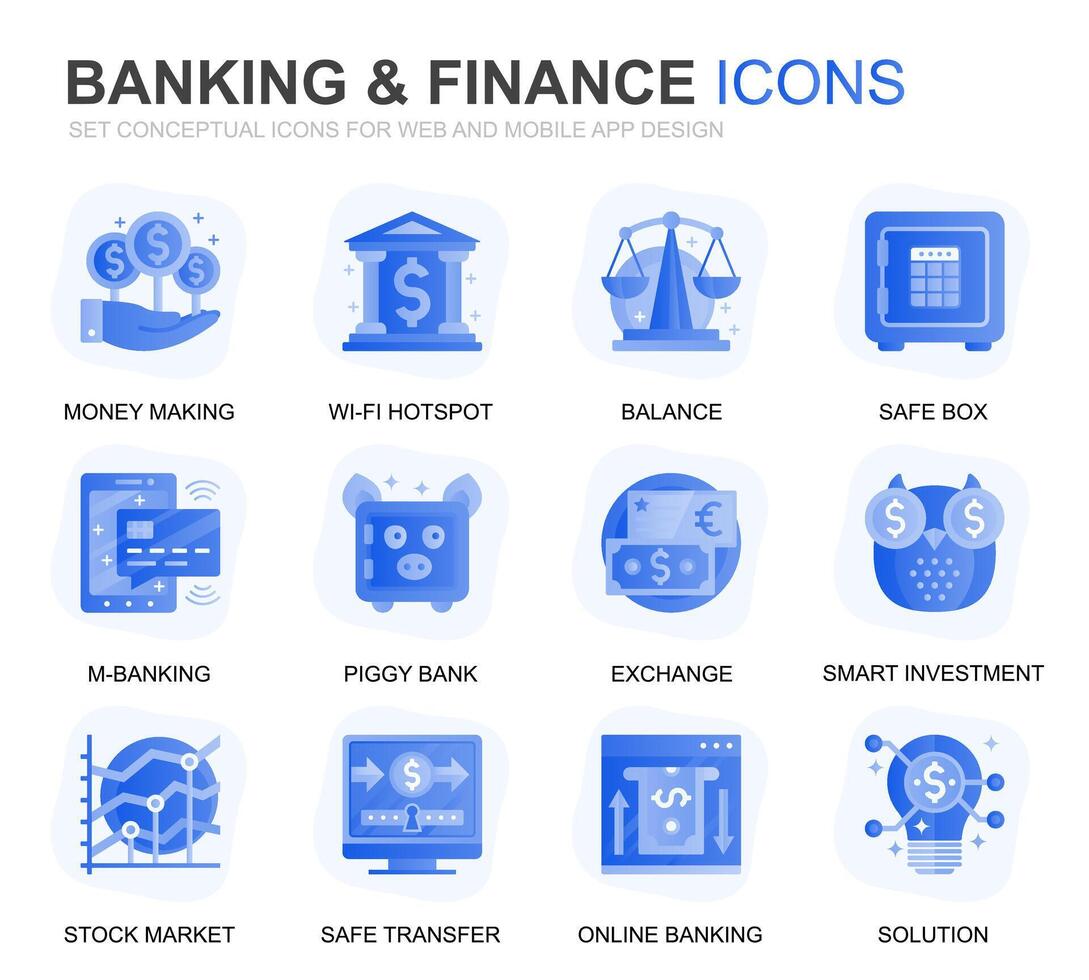 moderno conjunto bancario y Finanzas degradado plano íconos para sitio web y móvil aplicaciones contiene tal íconos como balance, banca electrónica, subasta, financiero crecimiento. conceptual color plano icono. pictograma embalar. vector
