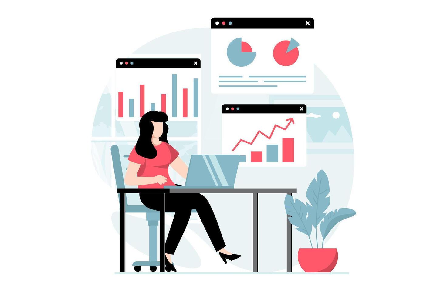 Data analysis concept with people scene in flat design. Woman researching statistics in diagrams and graphs, works with information on screens. illustration with character situation for web vector