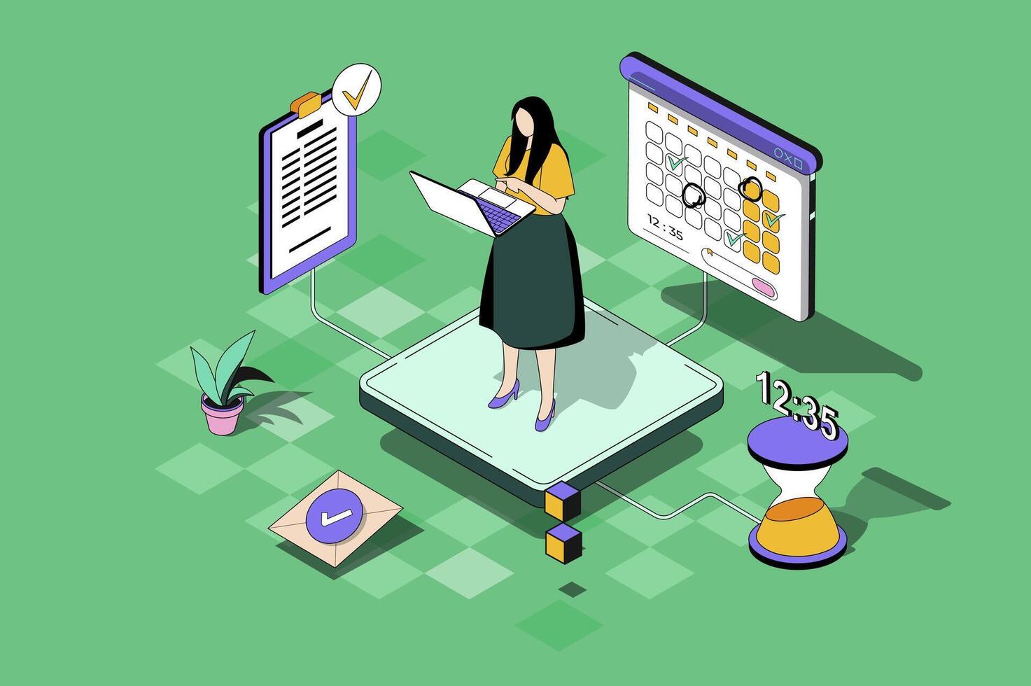 Time management web concept in 3d isometric design. Woman planning work tasks and daily activities using checklists, calendar and programs at laptop. web illustration with people isometry scene vector
