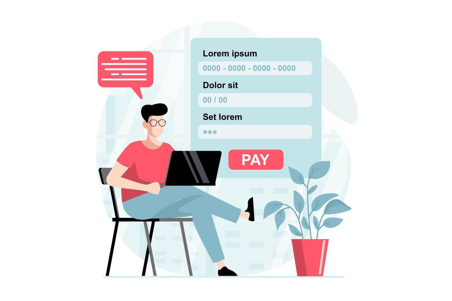 pago electrónico concepto con personas escena en plano diseño. hombre relleno digital formar con crédito tarjeta datos para haciendo en línea dinero transferir utilizando ordenador portátil. ilustración con personaje situación para web vector