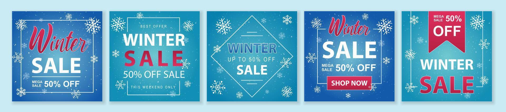 Winter and Christmas Sale square template set for ads posts in social media. Bundle of layouts with snowflakes and discounts. Suitable for mobile apps, banner design and web ads. illustration. vector