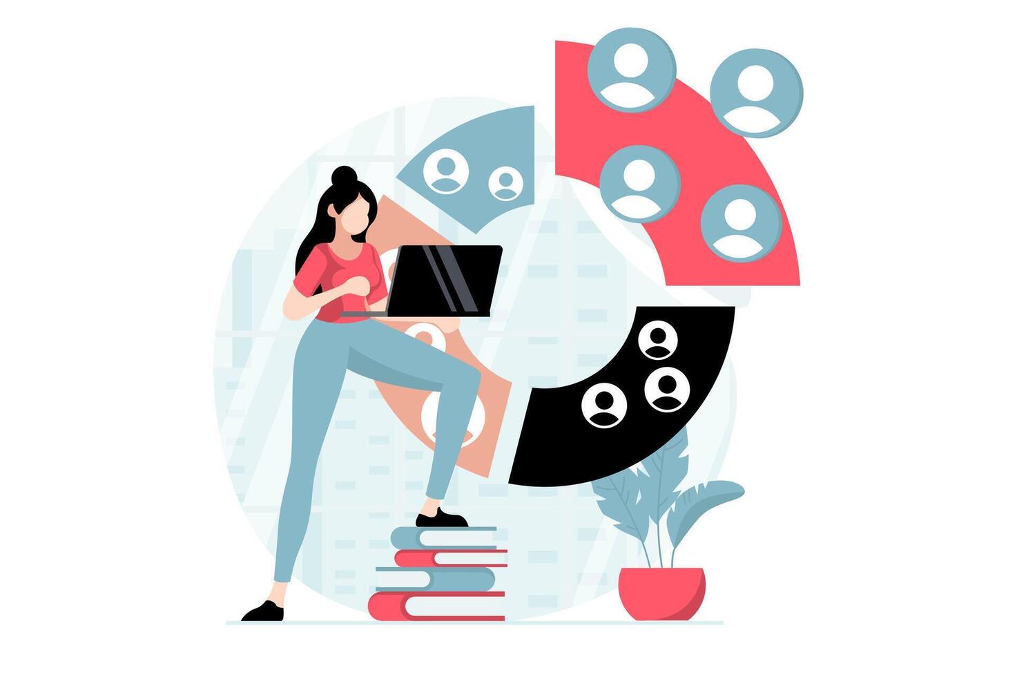 Focus group concept with people scene in flat design. Woman making market research, analyzes buyers using social networks and works with charts. illustration with character situation for web vector