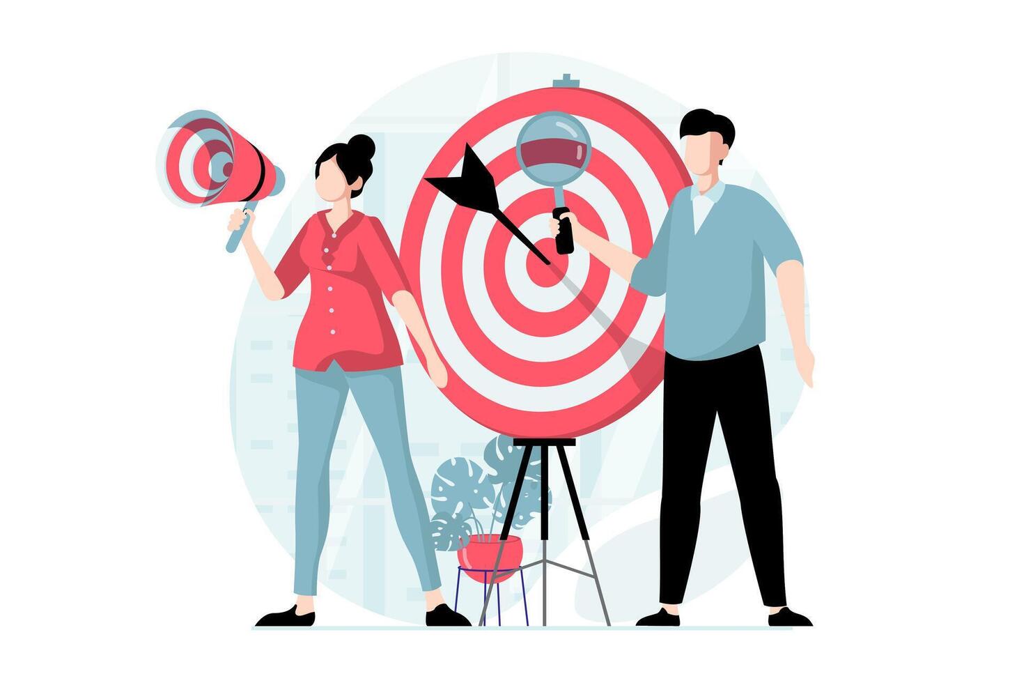 Focus group concept with people scene in flat design. Man and woman are studying behavior of audience, making advertising campaign and targeting. illustration with character situation for web vector
