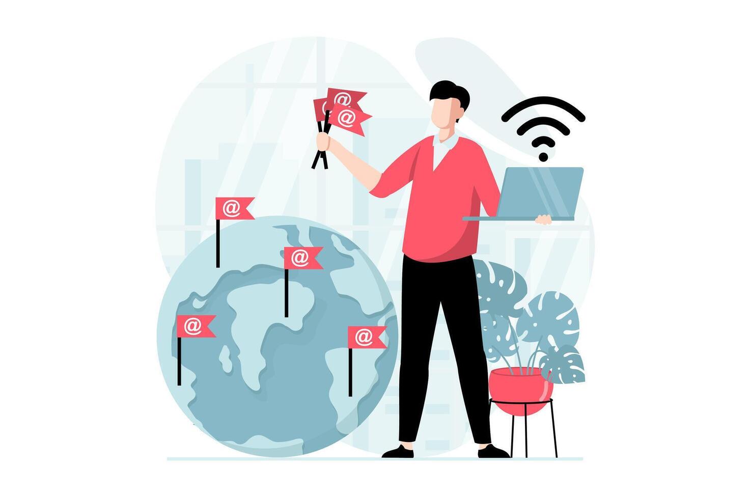 Email service concept with people scene in flat design. Man sending new letters and communicates online making global mailing list using laptop. illustration with character situation for web vector