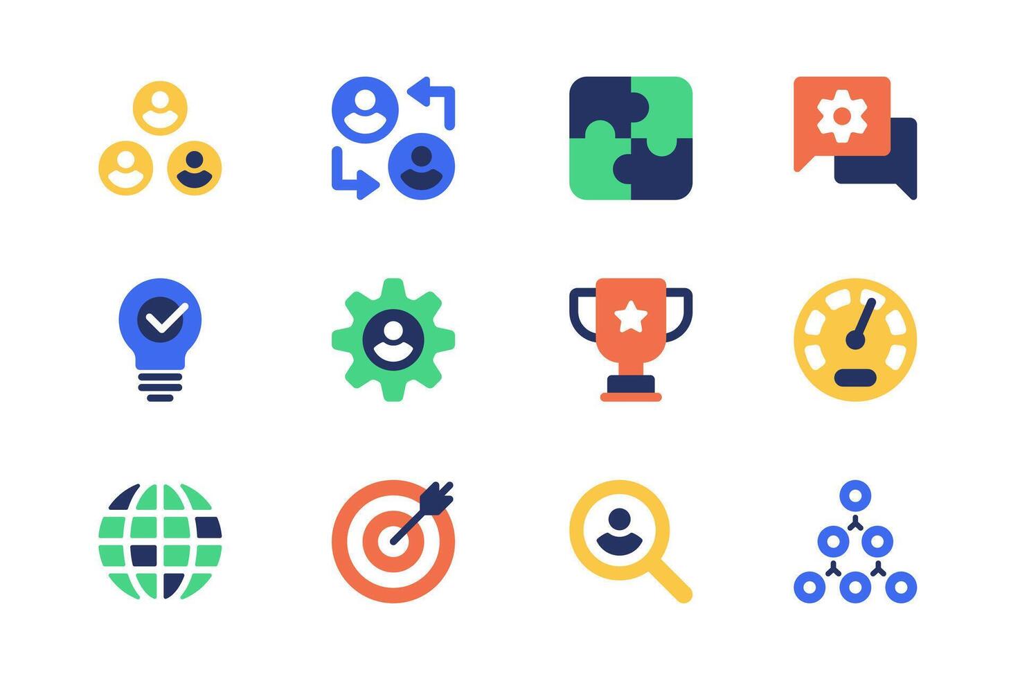 Teamwork concept of web icons set in simple flat design. Pack of team, experience exchange, puzzle, brainstorming, settings, leadership, winning cup, target and other. pictograms for mobile app vector