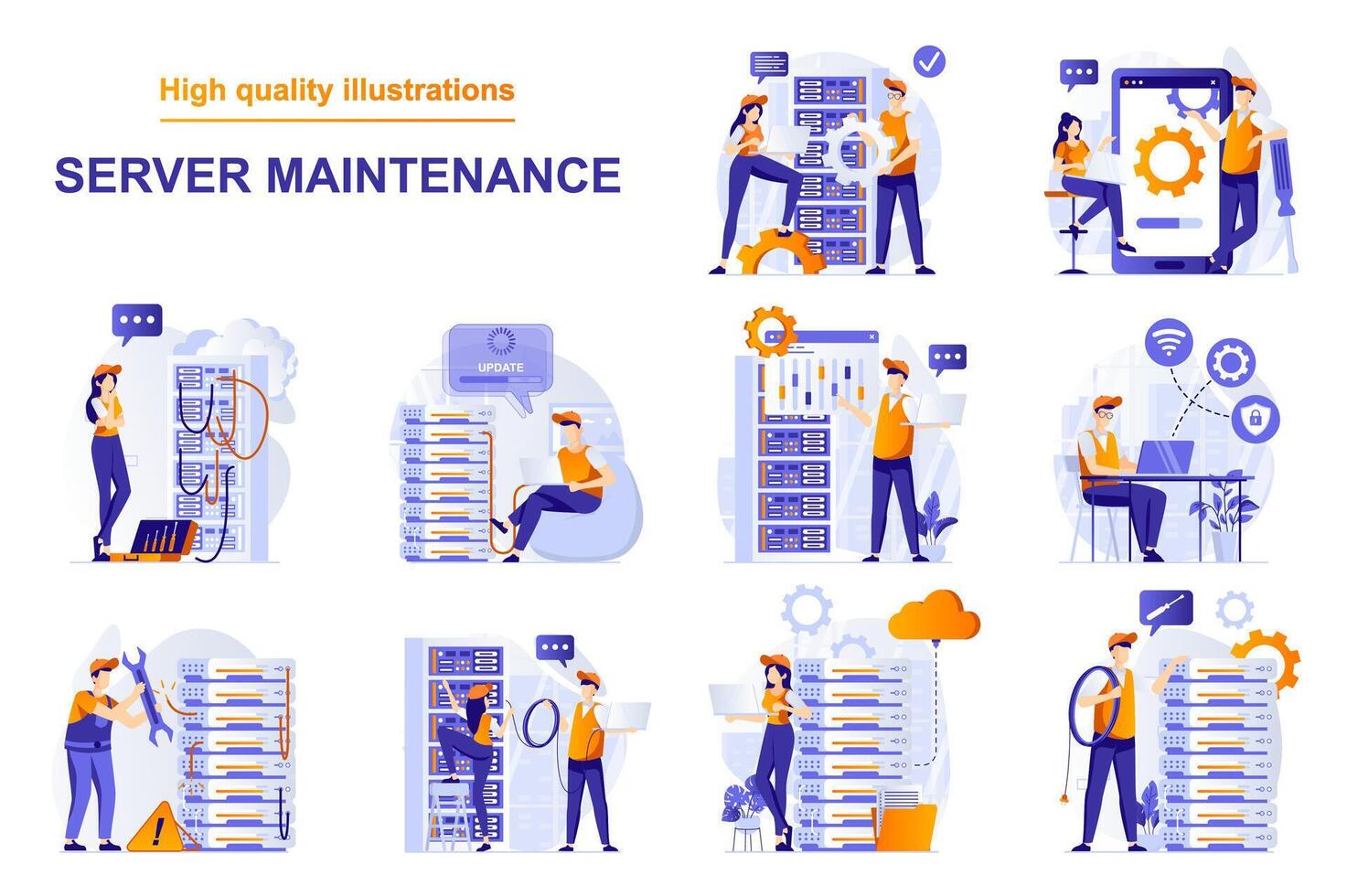 Server maintenance web concept with people scenes set in flat style. Bundle of technical work, working at server rack hardware room, engineers team repairs. illustration with character design vector