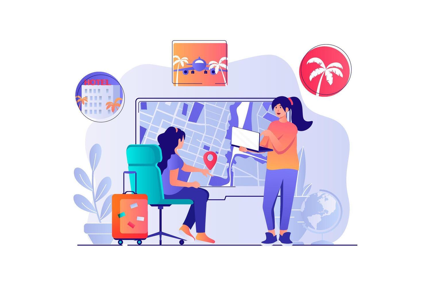 Travel agency concept with people scene. Woman chooses tour, operator helps tourist with traveling, booking hotel room and flight tickets. illustration with characters in flat design for web vector