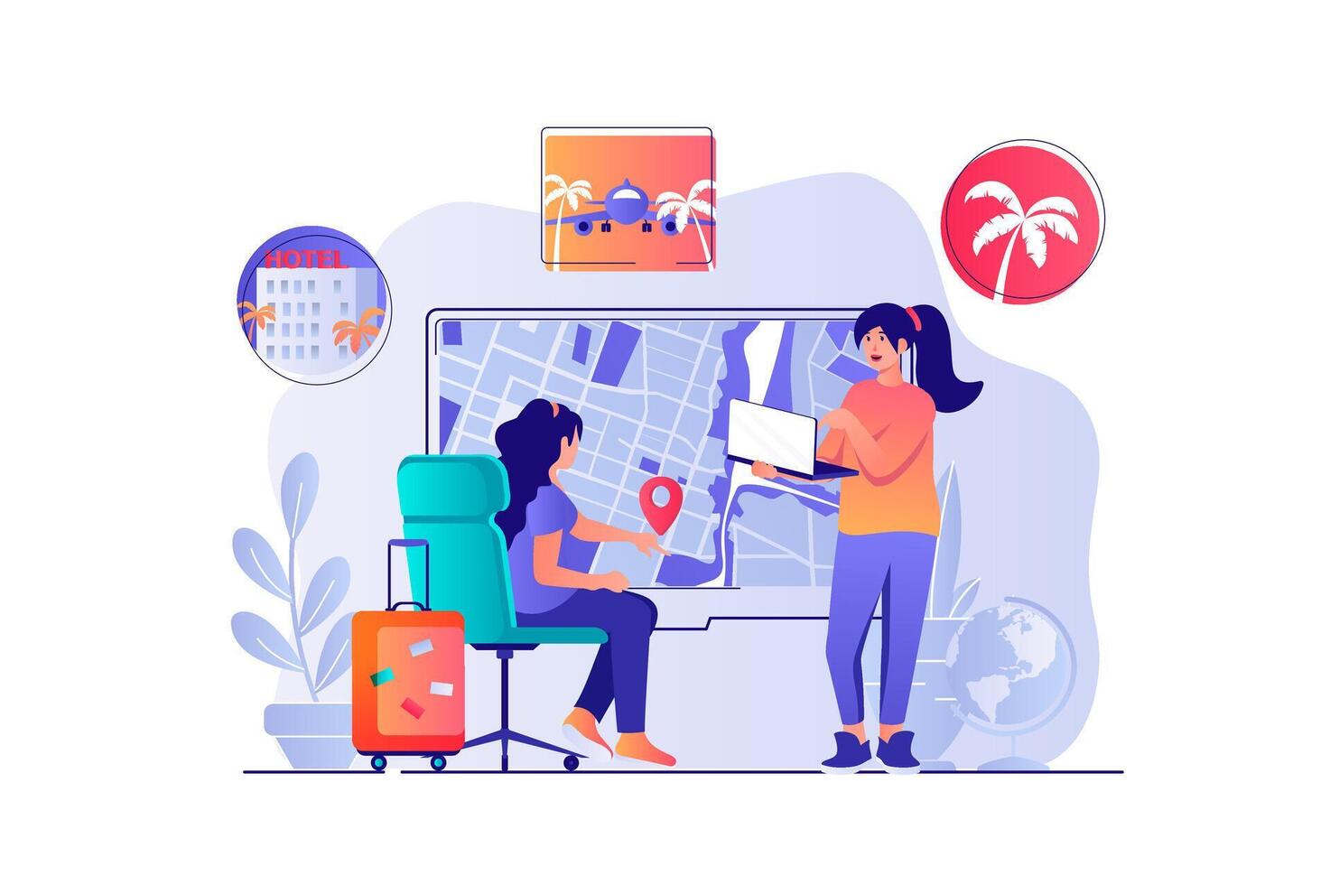 viaje agencia concepto con personas escena. mujer elige recorrido, operador ayuda turista con de viaje, reserva hotel habitación y vuelo Entradas. ilustración con caracteres en plano diseño para web vector