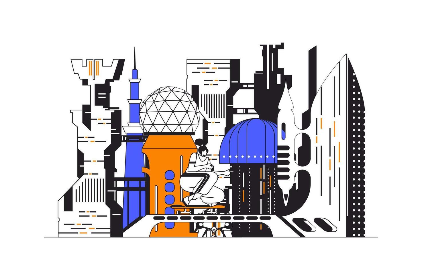 Futuristic megalopolis web concept in flat outline design with characters. Woman lives in smart city with abstract infrastructure, wireless and hitech technologies, people scene. illustration. vector