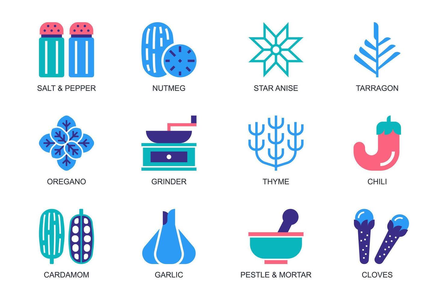 Herbs and Spices concept of web icons set in simple flat design. Pack of salt, pepper, nutmeg, star anise, tarragon, oregano, thyme, chili, cardamom, garlic, other. pictograms for mobile app vector