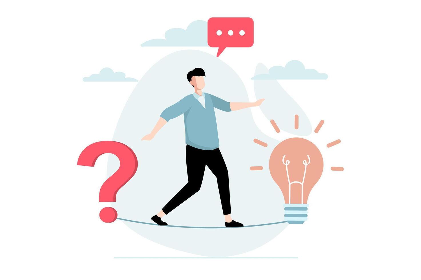 Finding solution concept with people scene in flat design. Man walks tight rope from question to new idea, brainstorms and thinking about problem. illustration with character situation for web vector