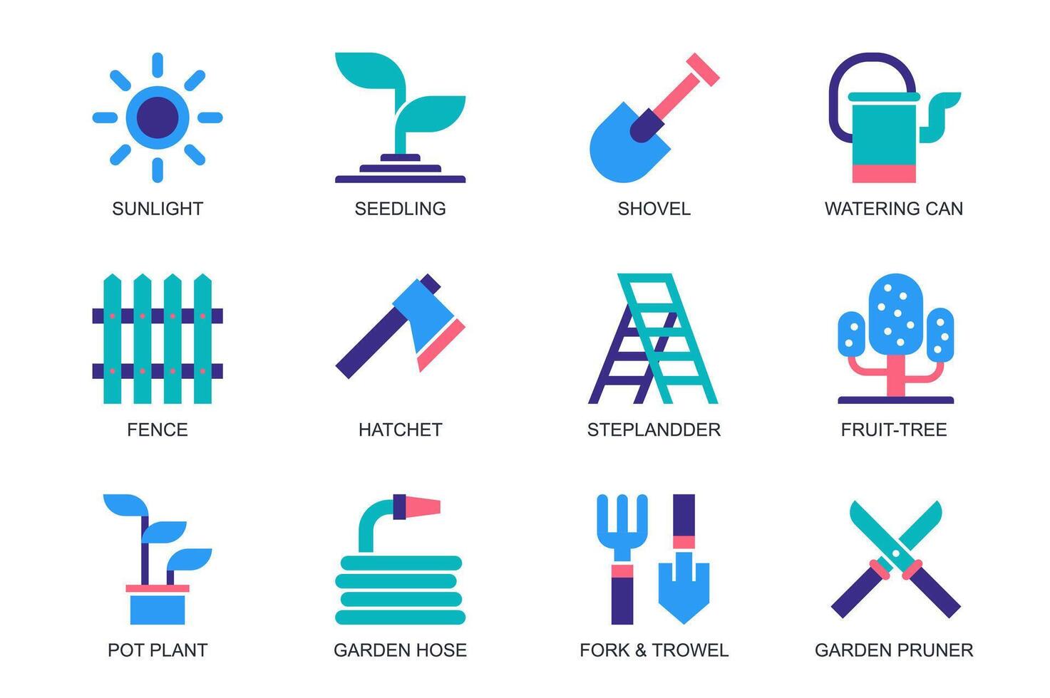 Garden concept of web icons set in simple flat design. Pack of sunlight, seedling, shovel, watering can, fence, hatchet, stepladder, fruit tree, pot plant, pruner. pictograms for mobile app vector