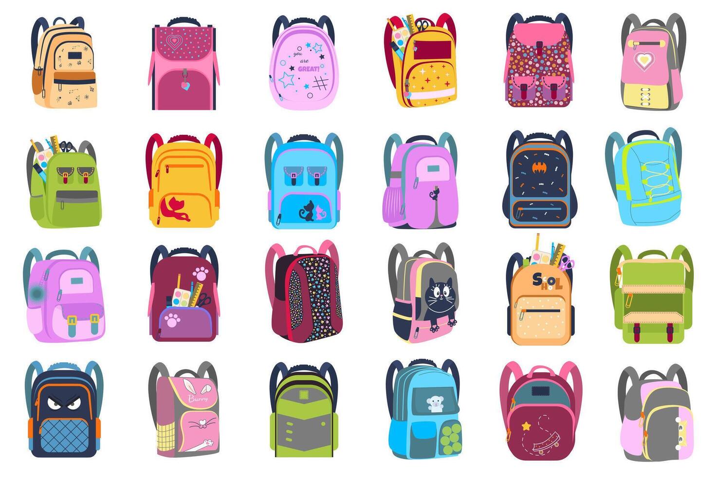 Backpacks set with cute cartoon elements in flat design. Bundle of colorful rucksacks or schoolbags of different styles. Open or closed bags with stationery, isolated stickers. illustration. vector