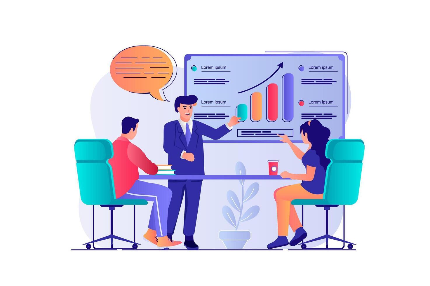 Business meeting concept with people scene. Man and woman discussing presentation, doing work tasks and create company financial strategy. illustration with characters in flat design for web vector