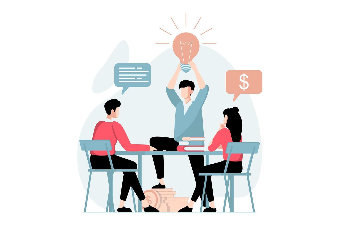 Business making concept with people scene in flat design. Colleagues generate new ideas and solutions on brainstorming meeting in conference room. illustration with character situation for web vector