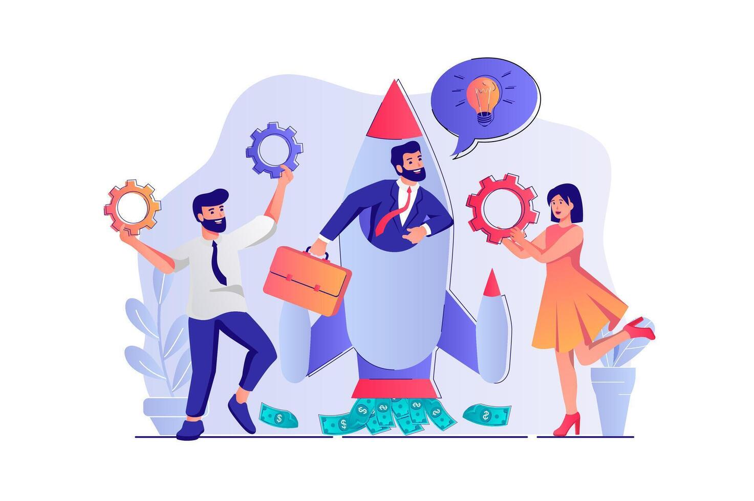 Business startup concept with people scene. Man and woman colleagues start new business, investing and develop success project together. illustration with characters in flat design for web vector