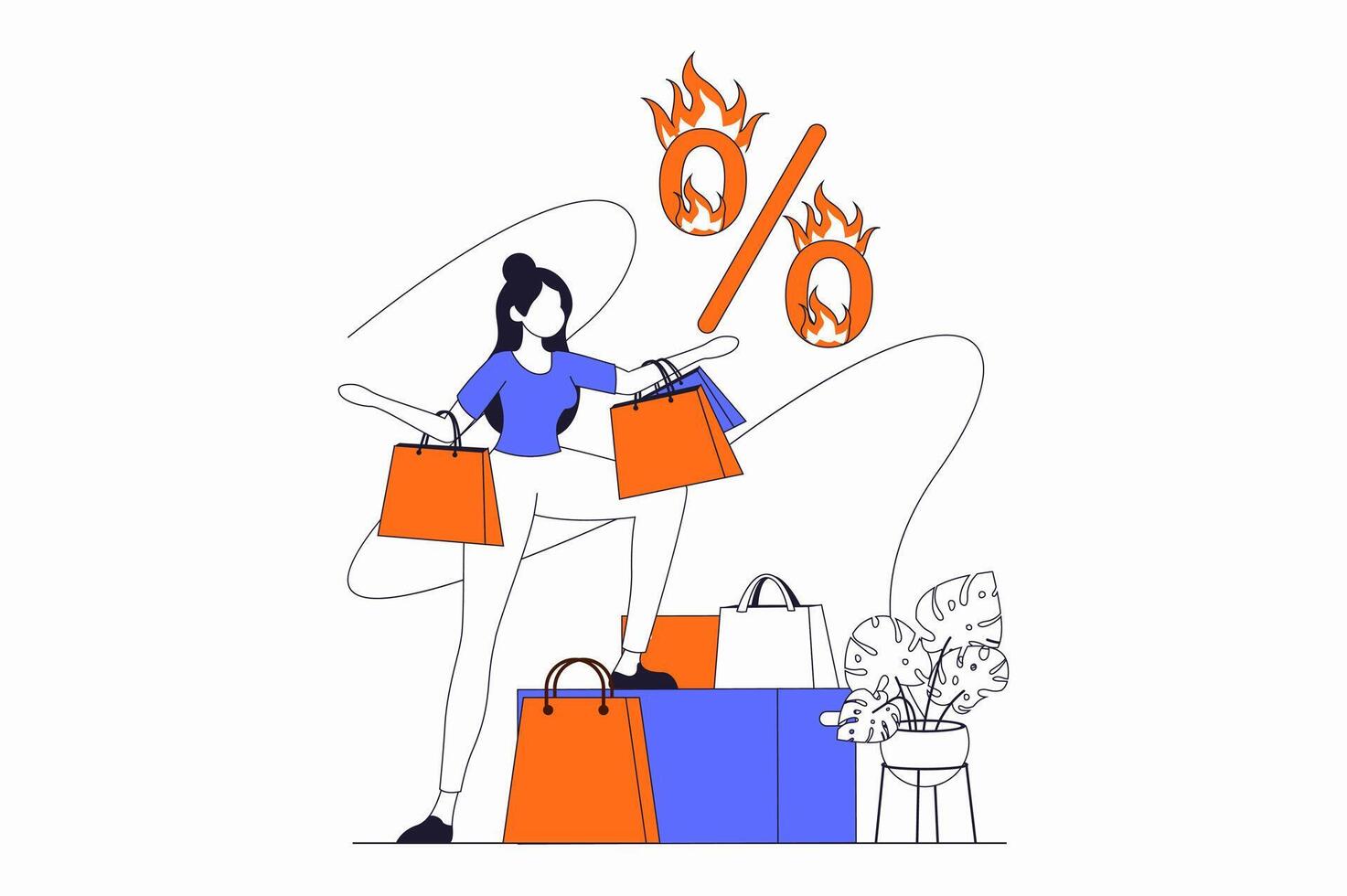 Shopping concept with people scene in flat outline design. Woman buys goods at seasonal sale in shops at bargain prices with big discounts. illustration with line character situation for web vector
