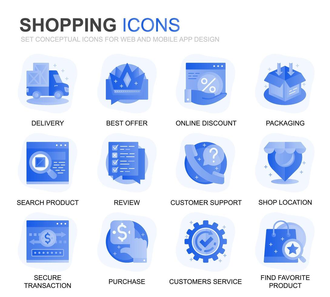 Modern Set Shopping and E-Commerce Gradient Flat Icons for Website and Mobile Apps. Contains such Icons as Delivery, Payment Method, Store, Commerce. Conceptual color flat icon. pictogram pack. vector