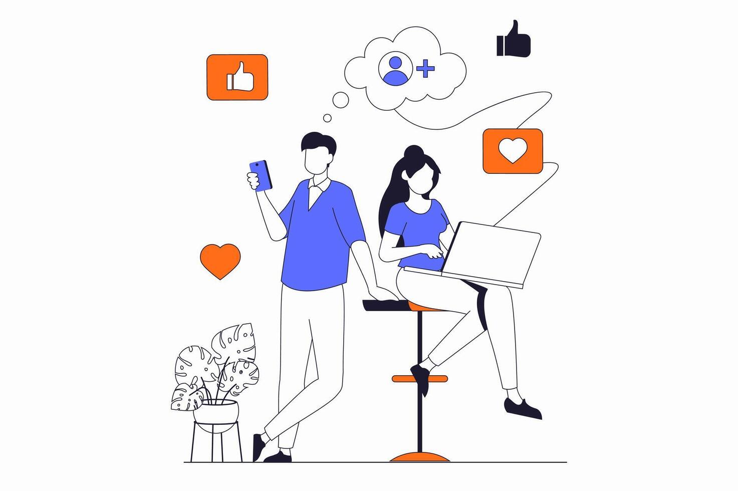 Social network concept with people scene in flat outline design. Man and woman view new posts, put likes and hearts and write comments. illustration with line character situation for web vector