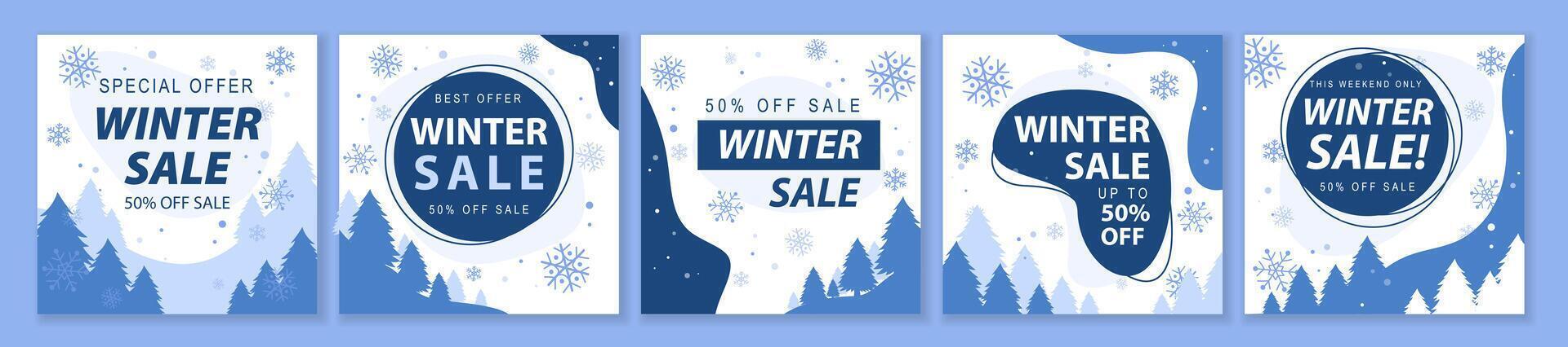 Winter and Christmas Sale square template set for ads posts in social media. Layouts with snowflakes and silhouettes of trees. Suitable for mobile apps, banner design and web ads. illustration. vector