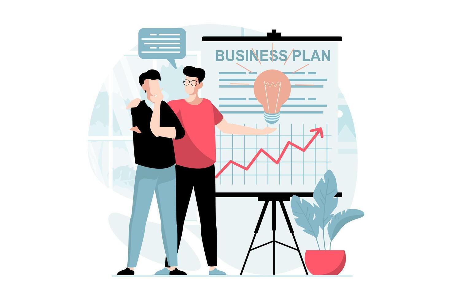 Business making concept with people scene in flat design. Businessman showing presentation with new idea, statistics and business plan to partner. illustration with character situation for web vector