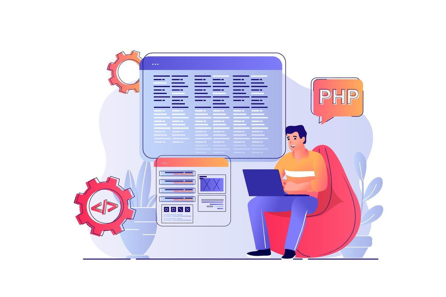 Programmer working concept with people scene. Man programming at computer, creates software, coding at laptop, testing and fixing bugs. illustration with characters in flat design for web vector