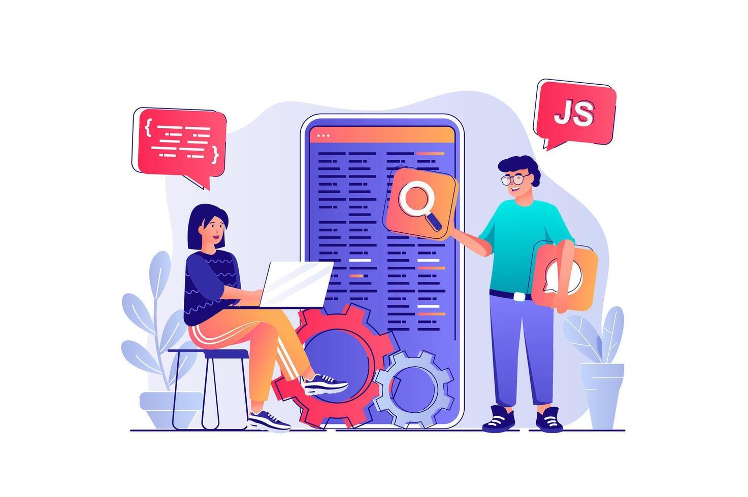 App development concept with people scene. Man and woman designers creating interface layout of mobile application, programming and coding. illustration with characters in flat design for web vector