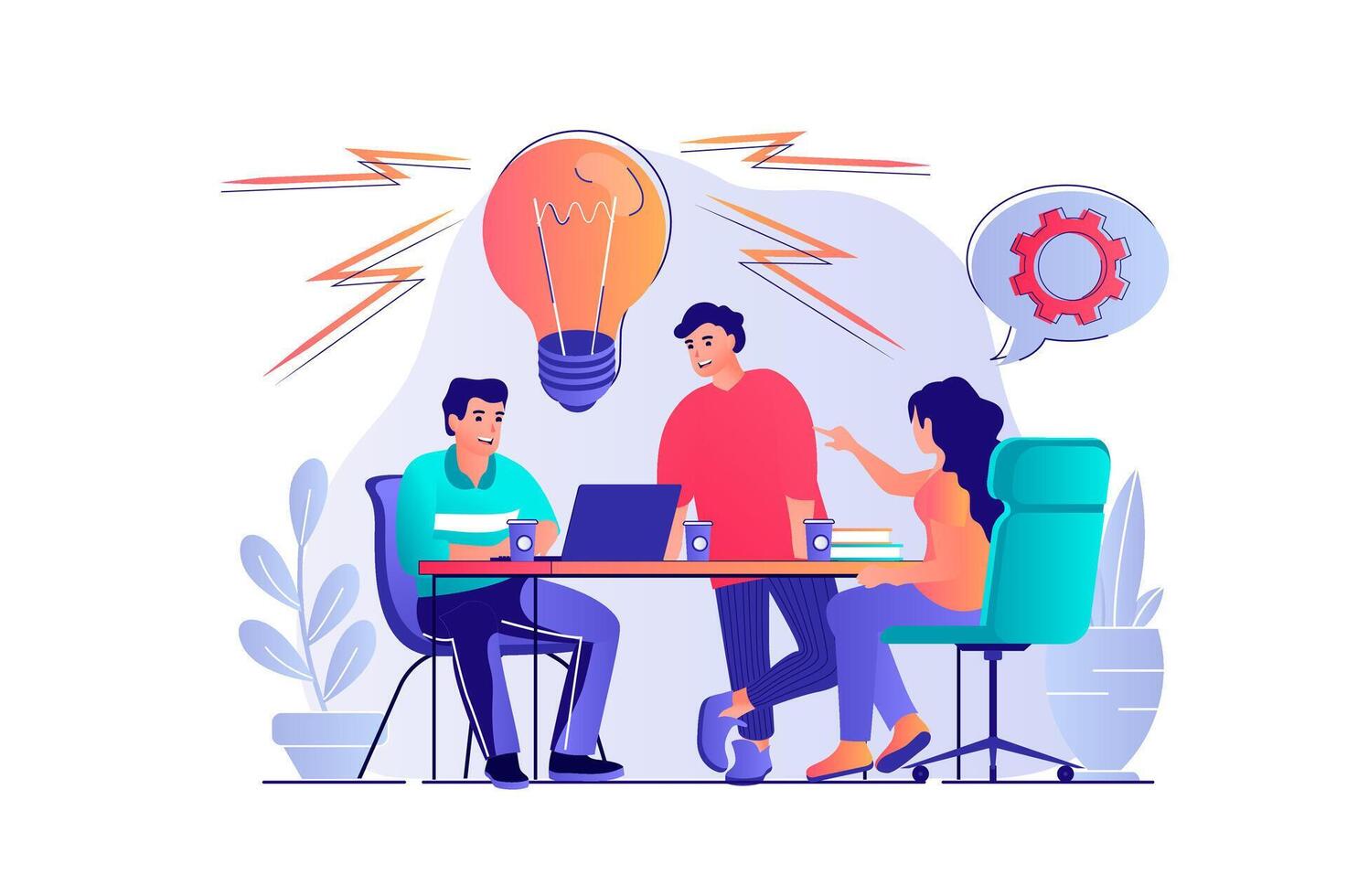 Brainstorming concept with people scene. Woman and man colleagues discuss work tasks, generate new ideas, developing strategy at conference. illustration with characters in flat design for web vector