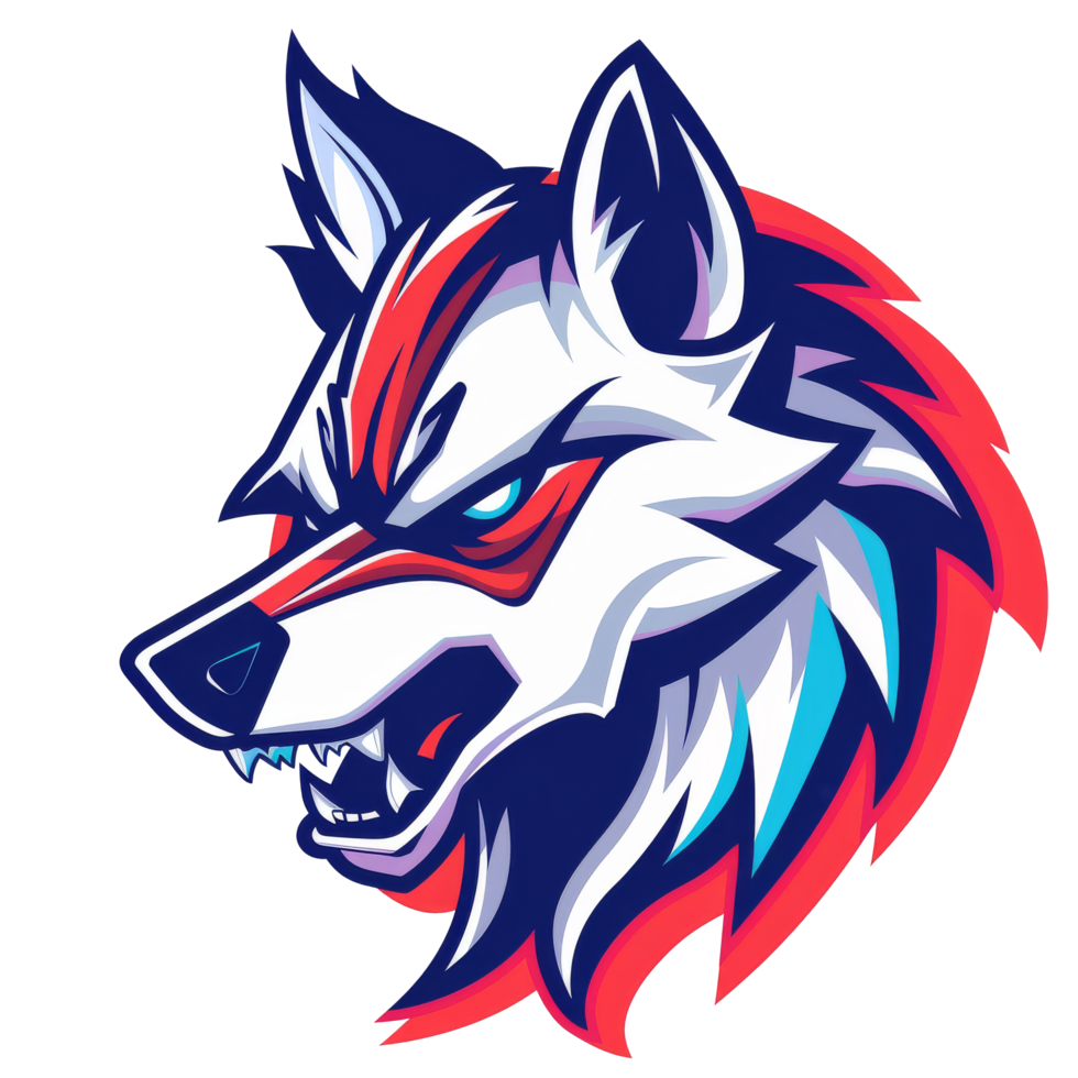 A fierce stylized wolf head with vibrant red and blue accents png