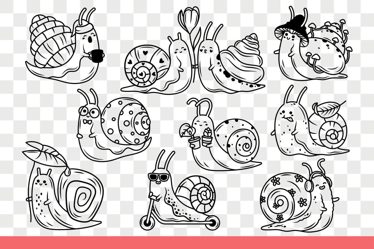 Cute snails with shell that protects from birds and happy emotions. Hand drawn doodle. vector