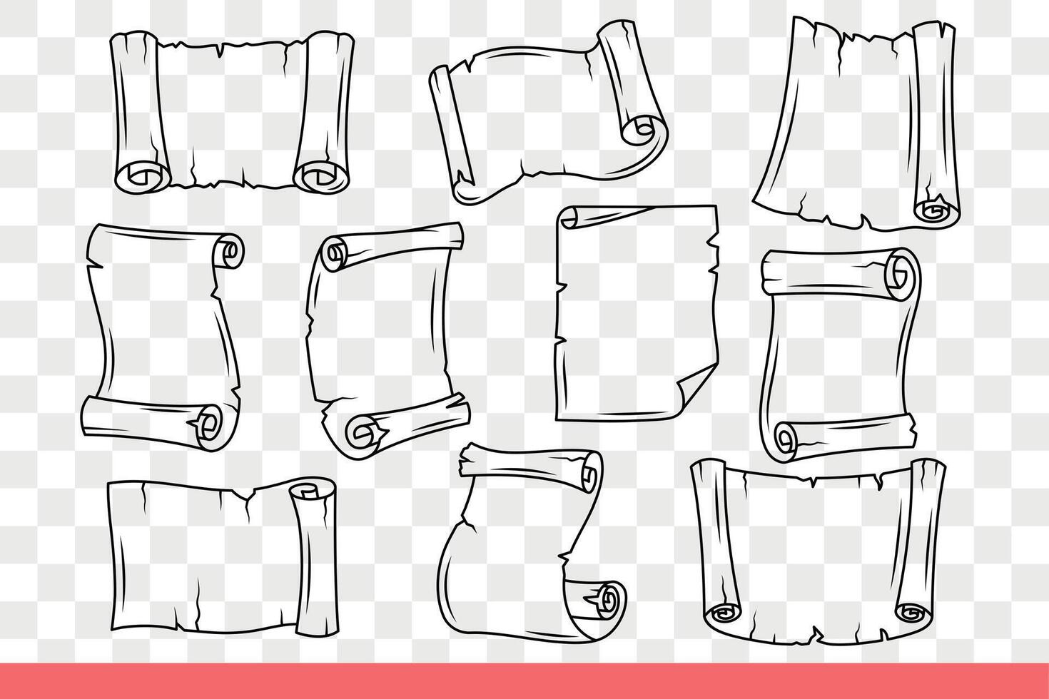 Blank paper manuscript scrolls in antique style with torn edges. Hand drawn doodle. vector