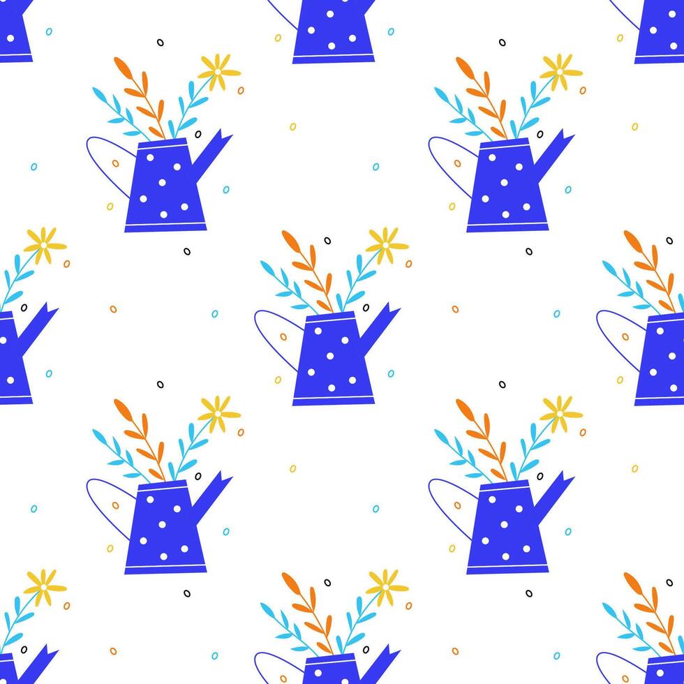 Seamless pattern with watering pots and flowers vector