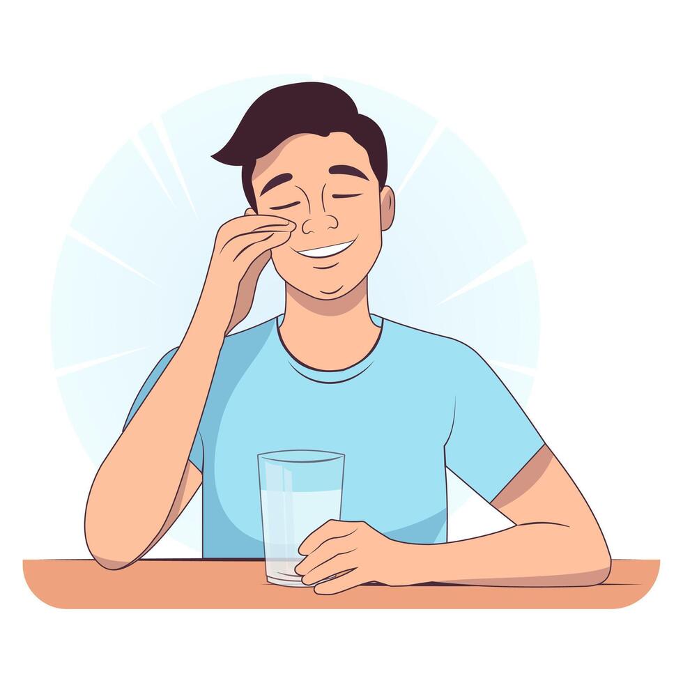 el chico sonrisas y bebidas agua desde un vaso vector