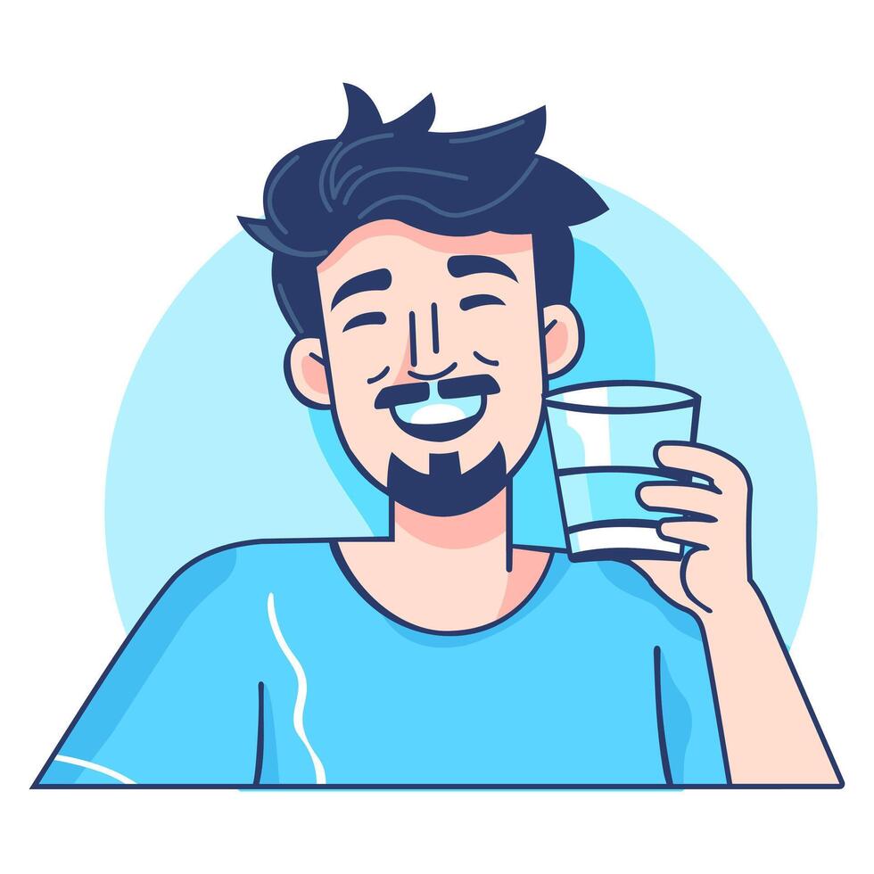 The guy smiles and drinks water from a glass vector