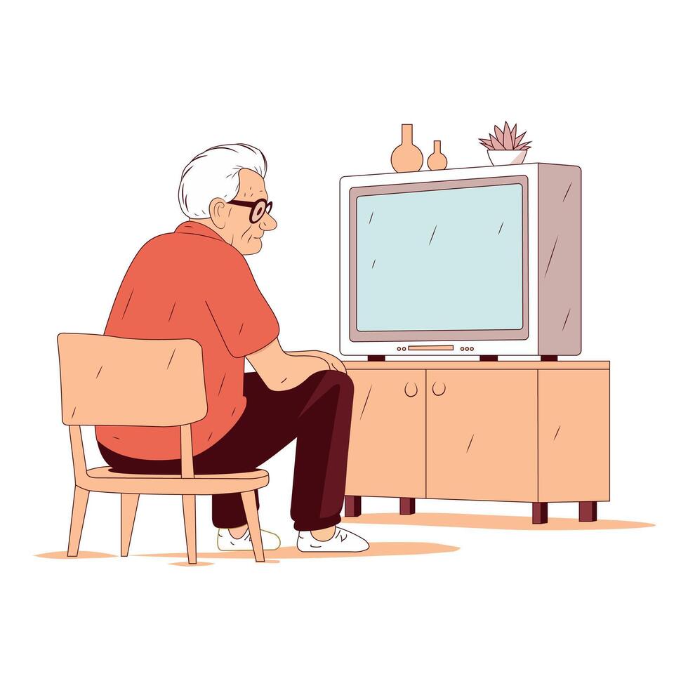 An elderly man looks sitting on a chair watching TV vector