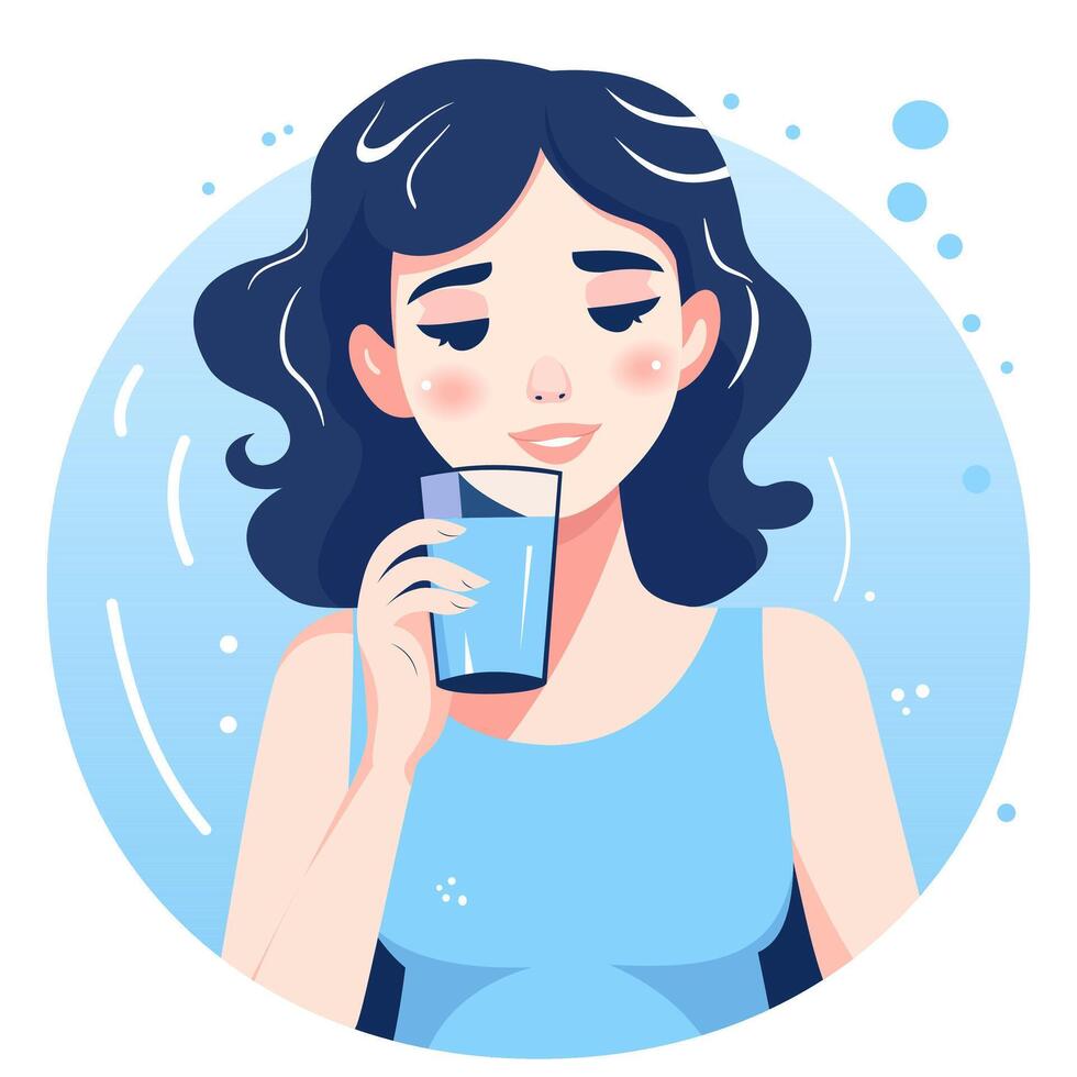 Girl smiles, drinks water from a glass vector