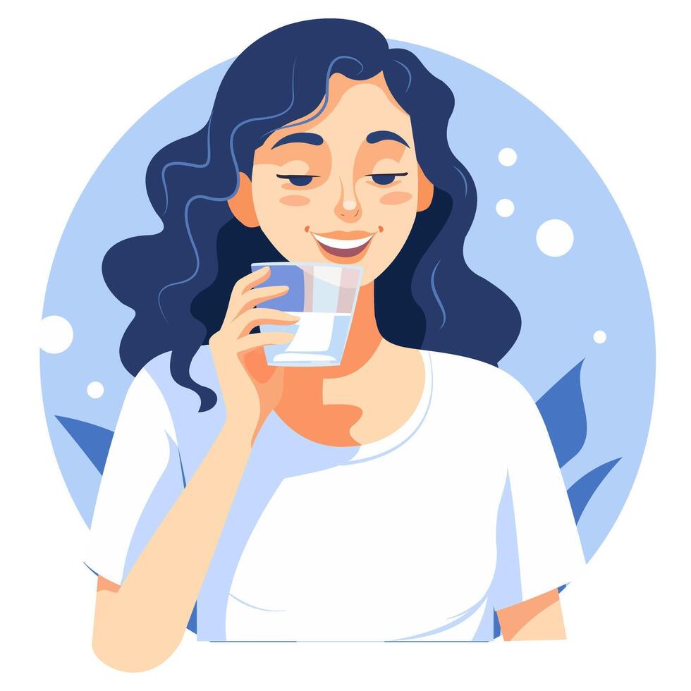 niña sonrisas, bebidas agua desde un vaso vector