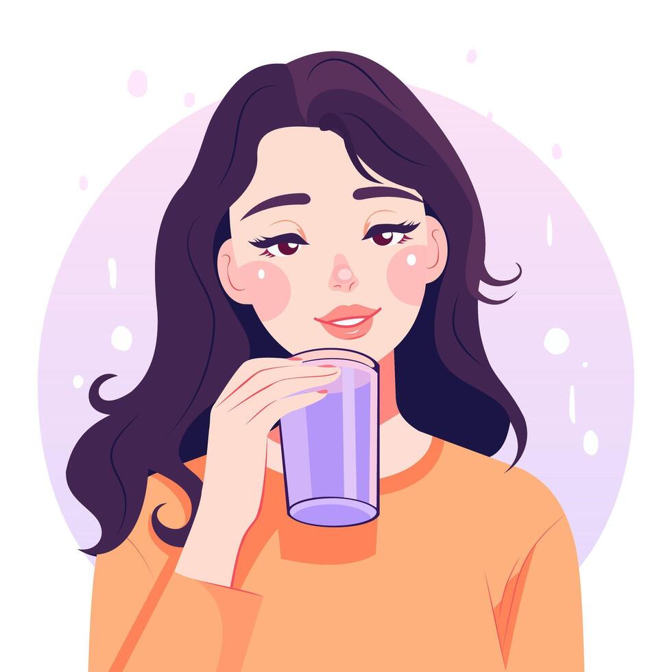 Girl smiles, drinks water from a glass vector