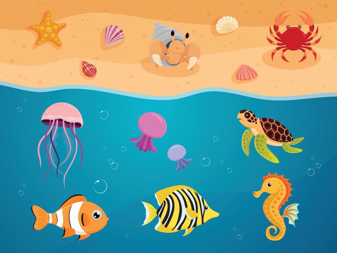 Oceano animal pescado y arena playa colección dibujos animados ilustración diseño vector