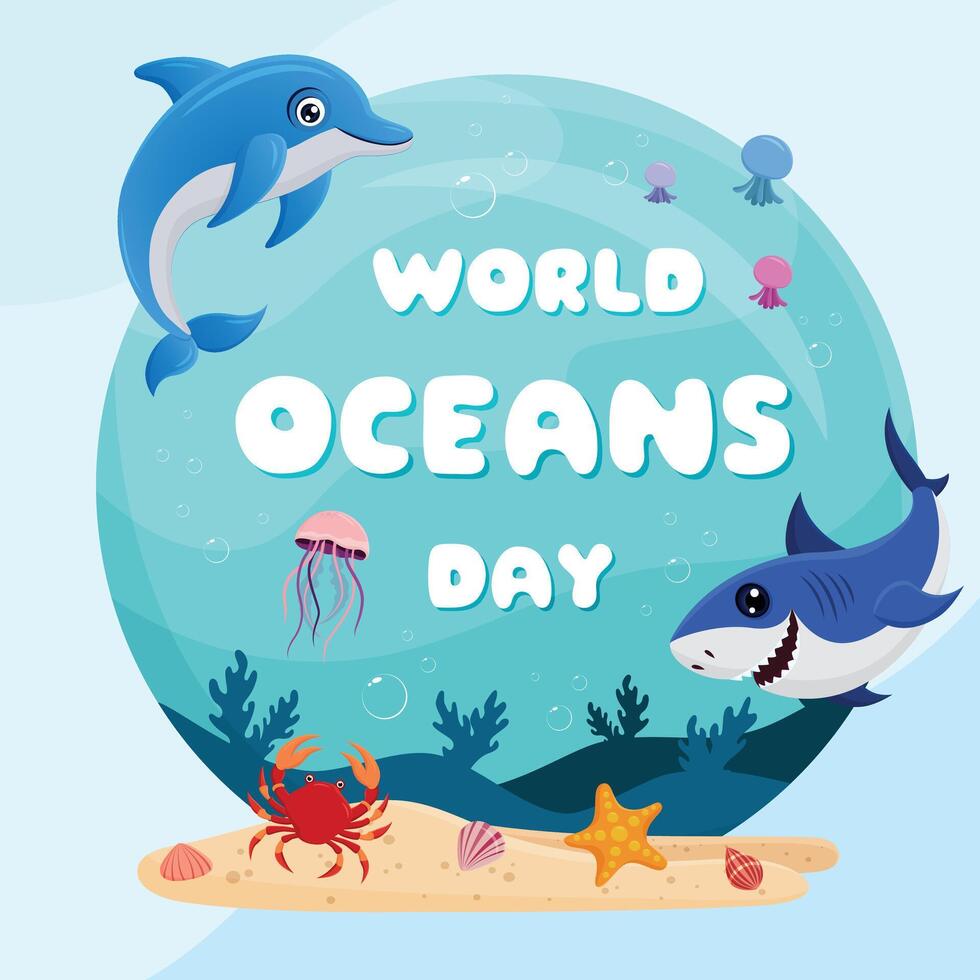 blue sea underwater world oceans day border cartoon graphic illustration design vector