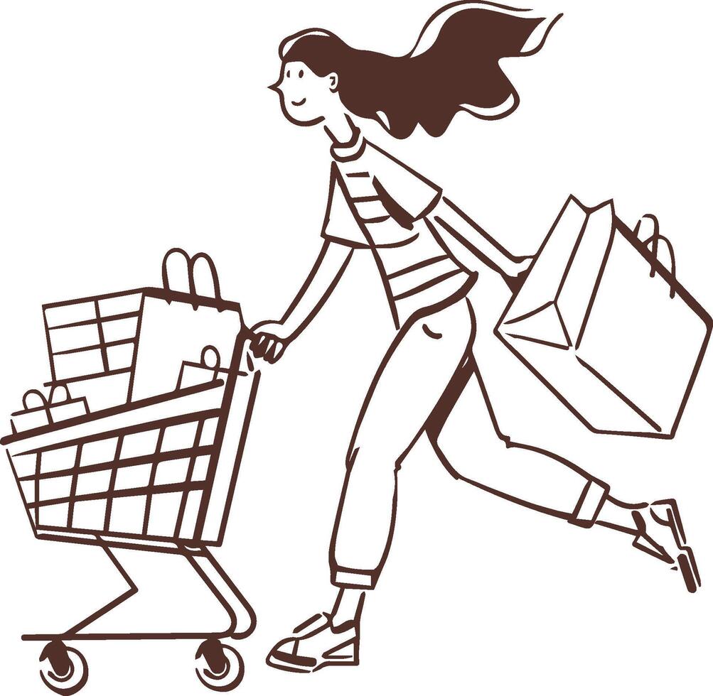alegre compras juerga, mujer corriendo con compras carro y pantalones lleno de compras vector