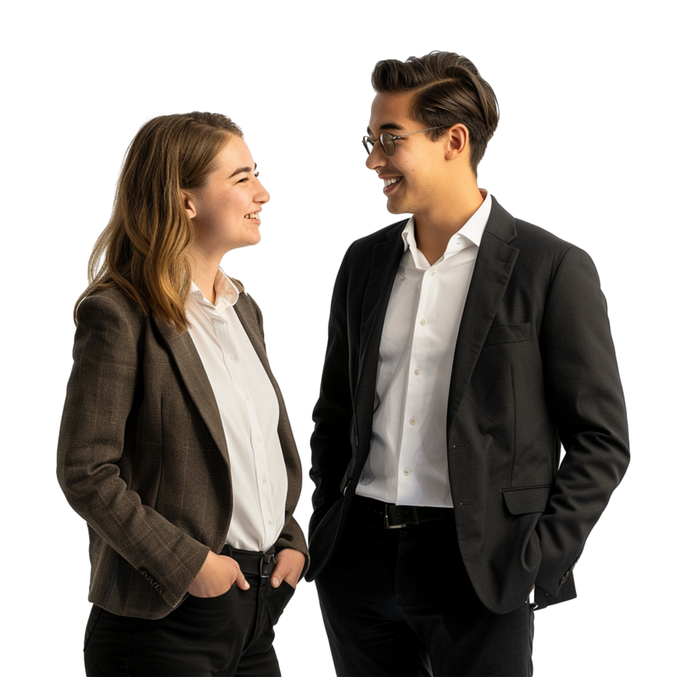 Portrait concept of partnership in business. Young man and woman standing posing happy smiling png