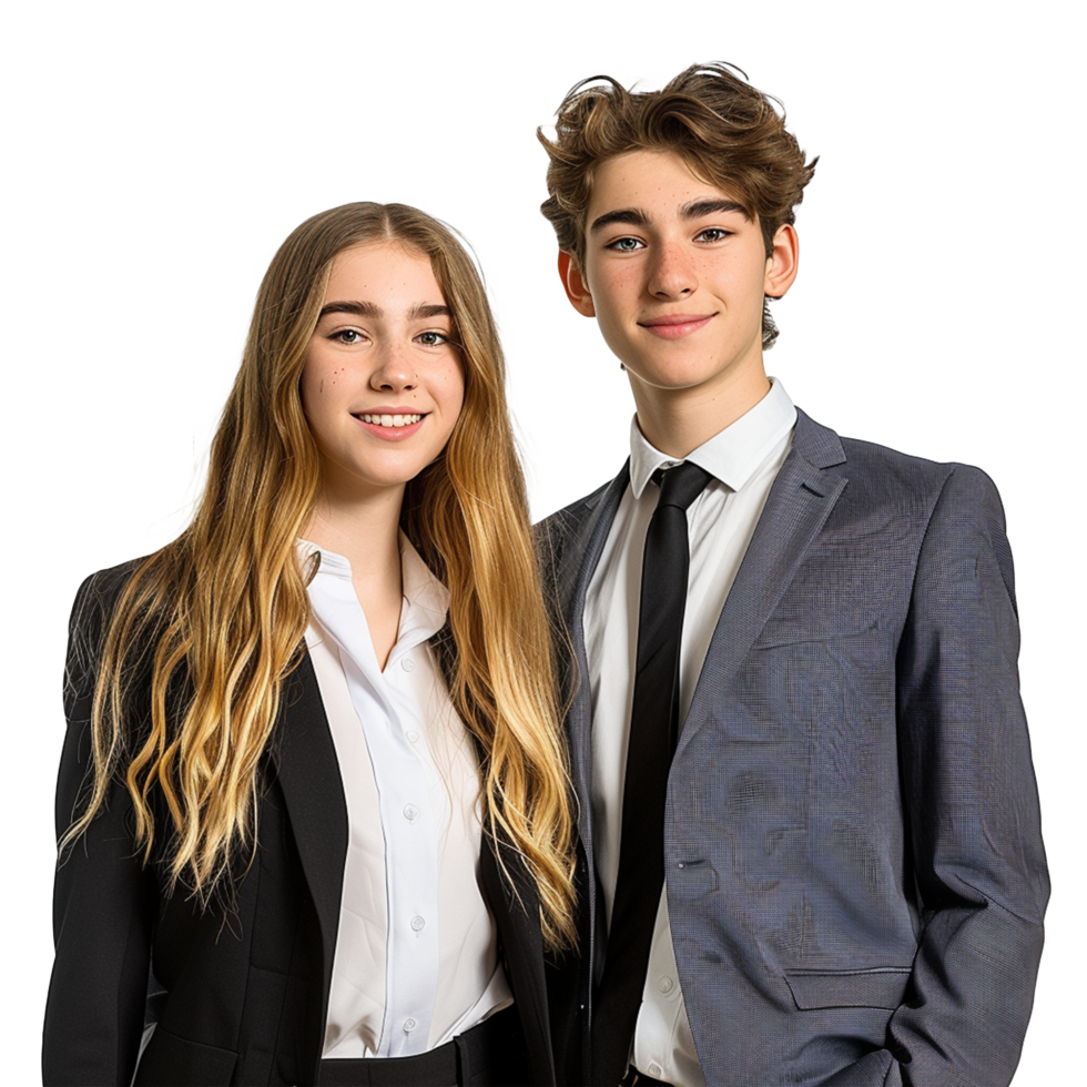 portrait concept de Partenariat dans entreprise. Jeune homme et femme permanent posant content souriant png