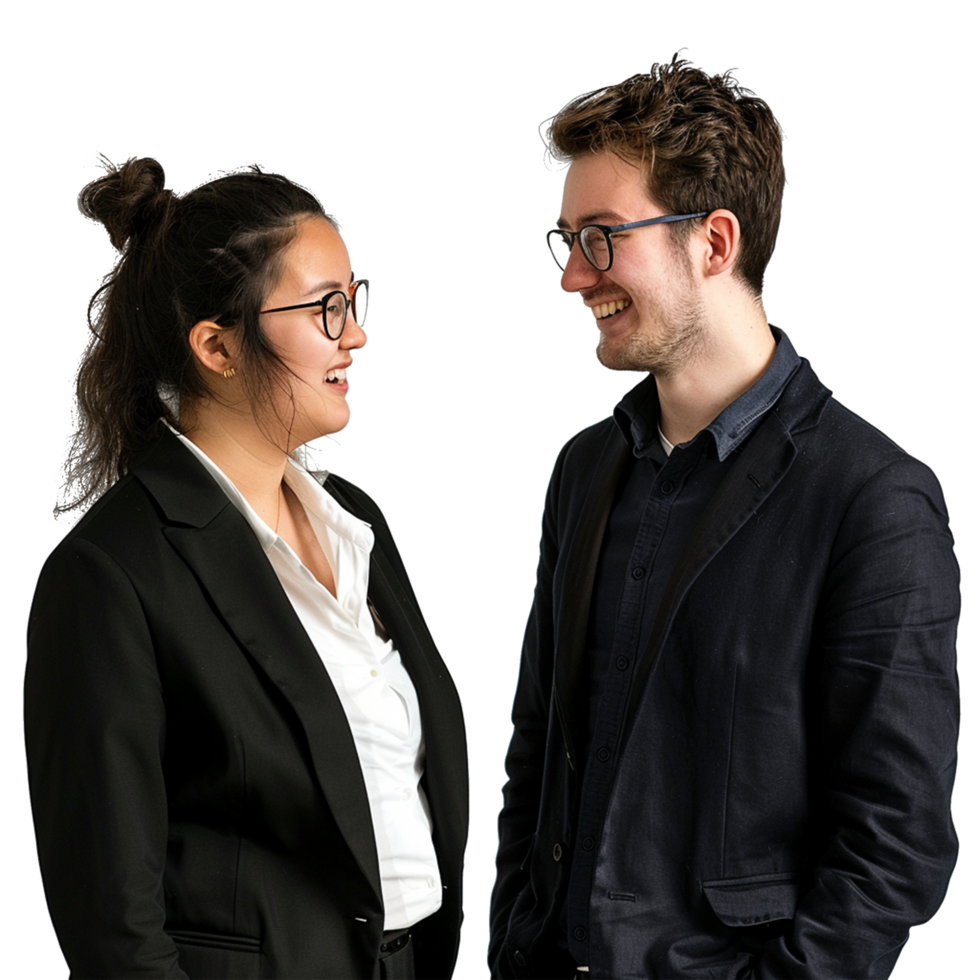 Portrait concept of partnership in business. Young man and woman standing posing happy smiling png